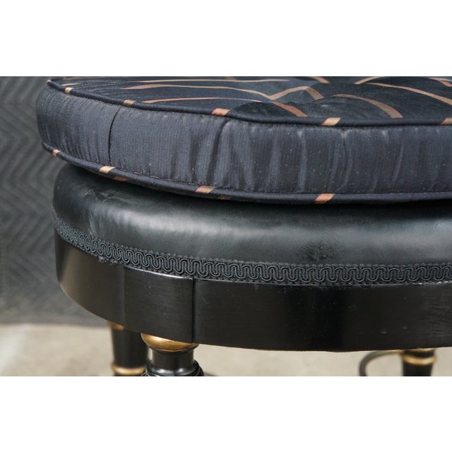 Mid Century Regency Style Ebonized Gold Painted Upholstered Stool Pouf Bench For Sale - Image 4 of 18