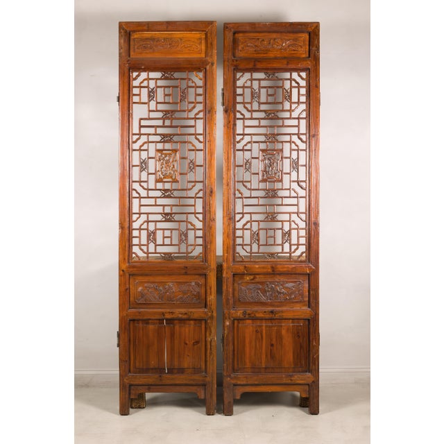 Pair of Antique Chinese Carved Elm Lattice Screens with Figural Motifs For Sale - Image 16 of 18