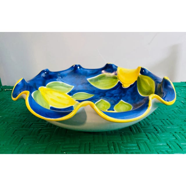 Mid 20th Century Italian Ceramiche Hand Painted Serving Bowl Blue & Yellow Lemon Design Sign For Sale - Image 5 of 10