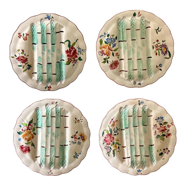 Vintage French Majolica Longchamp Hand-Painted Asparagus Plates - Set of 4 For Sale