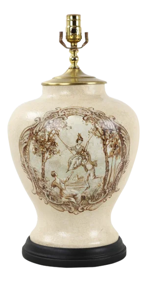 Vintage White Crackle Glaze Temple Jar Lamp With Reimagined "The Swing" by Fragonard