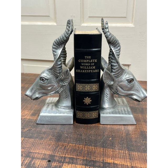 Metal Arthur Court MCM Antelope Gazelle Bookends Silver Weighted Metal Amber Eyes For Sale - Image 7 of 11