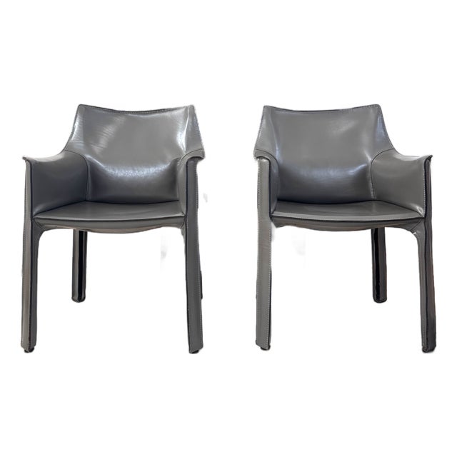 1980s Pair of Two 70s Cassina Cab 413 Armchairs Mario Bellini Elephant Grey / Gray For Sale