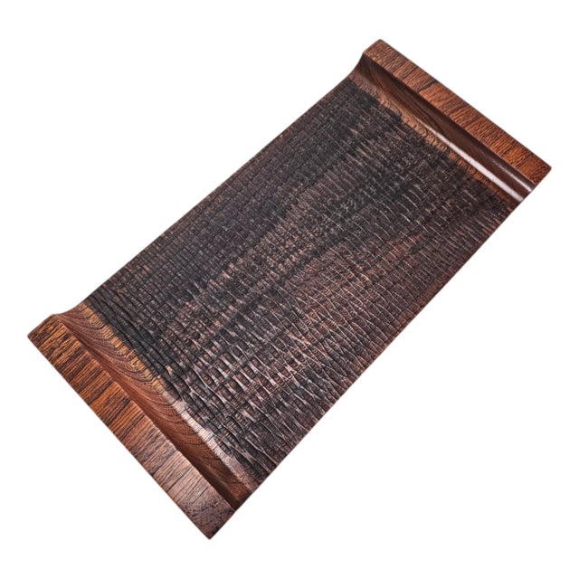 Brown Japanese Suriurushi Lacquered Wood Tray and Cups Set, Hand Carved Modernist Design 13.5" For Sale - Image 8 of 12