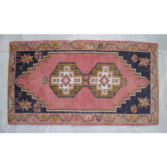 Distressed Low Pile Turkish Yastik Petite Rug Hand Knotted Faded Mat - 23'' X 40'' For Sale - Image 4 of 7