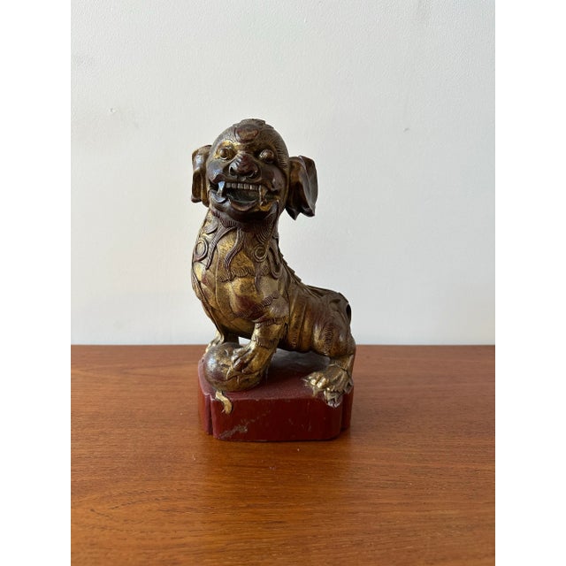 1920s Chinese Red Carved Gilt Wood Foo Dog For Sale - Image 12 of 12