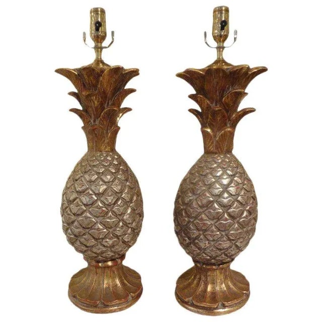 Pair of Vintage Italian Gilt Terra Cotta Pineapple Lamps For Sale - Image 9 of 9