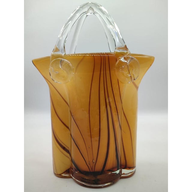 Large Mid-Century Modern Sommerso Art Glass Basket Vase in Amber and Brown, 1970s For Sale - Image 12 of 12