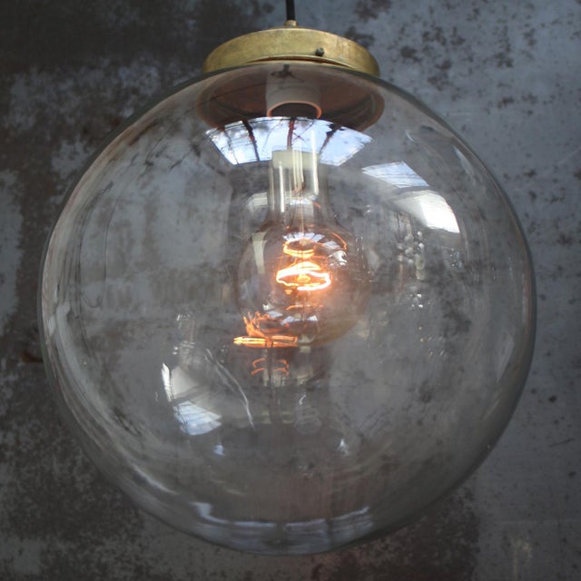 Large Vintage Clear Glass and Brass Globe Pendant Light For Sale - Image 4 of 7