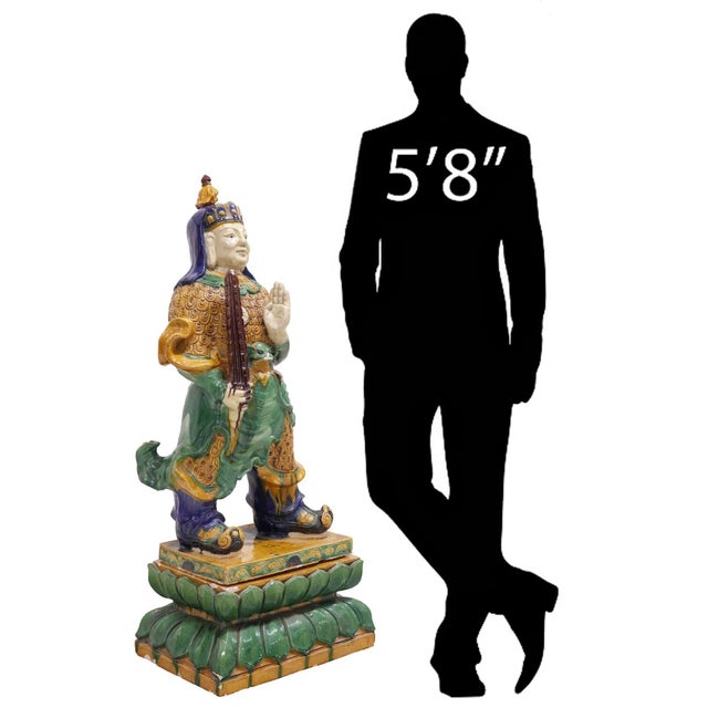 Large Old Chinese Sancai Glazed Pottery Ming Guardian Warrior Figure Statue For Sale - Image 9 of 9