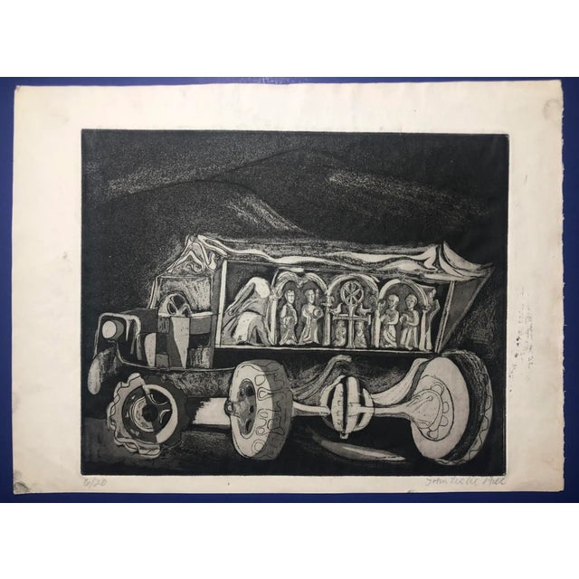 John Leslie Hill (American, active 1960s). Etching with a military looking vehicle and figures, possibly an anti-war...
