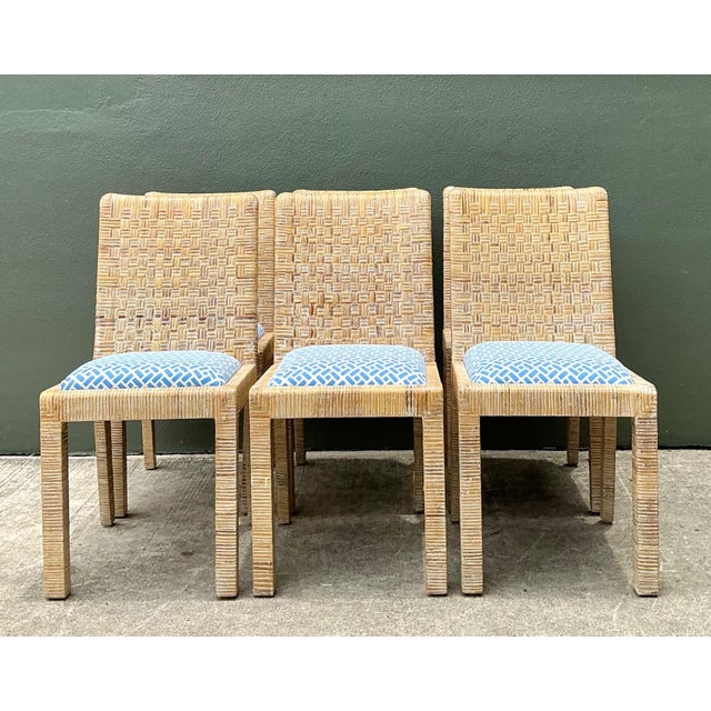 Vintage Woven Rattan Dining Chairs in Quadrille For Sale - Image 9 of 18