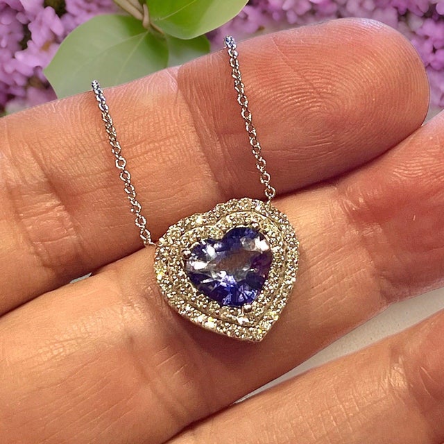 Natural Heart Sapphire Diamond Pendant 18" 14k W Gold 4.13 TCW Certified For Sale - Image 12 of 16