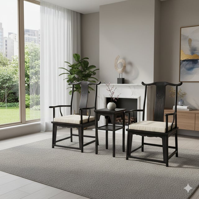 Chinese Traditional Black Brown Yoke-Back Armchair Set W Small Table For Sale - Image 9 of 12