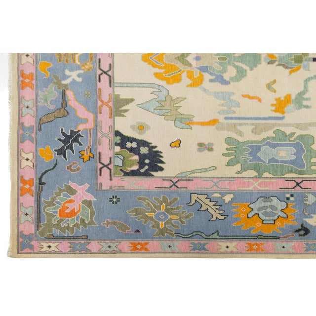 Contemporary Hand-Knotted Oushak Style Wool Rug in Ivory, Soft Blue, & Pastel For Sale - Image 10 of 12