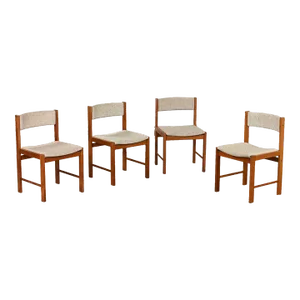 1970’s Scandinavian Modern D Scan Dining Chairs With Teak Frames & Oatmeal Fabric Set of 4