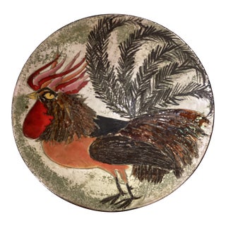 Early Edition Chelsea Pottery Terra Cotta Glazed Large Bowl Rooster Design Artist Signed Circa 1960s For Sale