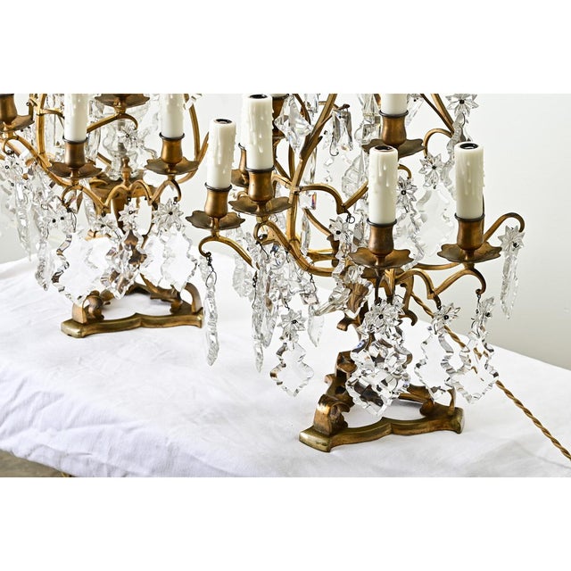 Metal Large French Brass & Crystal Girandole Lamps - A Pair For Sale - Image 7 of 12