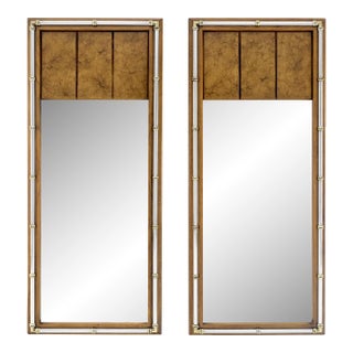 Pair of c1970s Mid Century Faux Bamboo Crome & Burl Rectangle Wall Mirrors MINT For Sale
