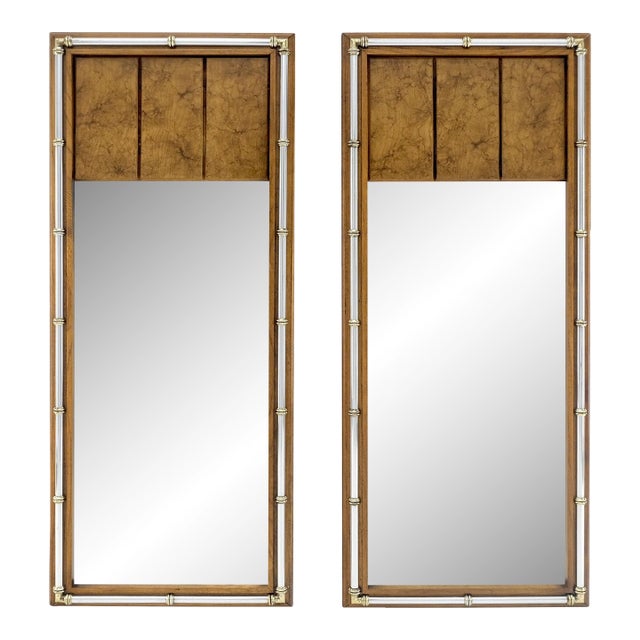 Pair of c1970s Mid Century Faux Bamboo Crome & Burl Rectangle Wall Mirrors MINT For Sale