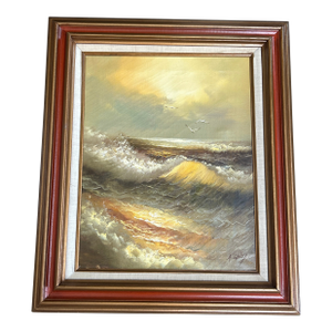 1970’s Original Beach Golden Hour Sunset Seascape Painting on Canvas
