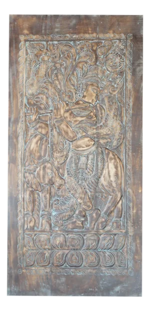 Hand-Carved Krishna Wall Panel – Bluewash Vintage Barn Door Art 84x41