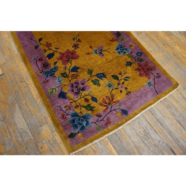 1920s Yellow Purple Floral Antique Chinese Art Deco Carpet 3'1" X 5'10" Knotted Wool Rug For Sale In New York - Image 6 of 11