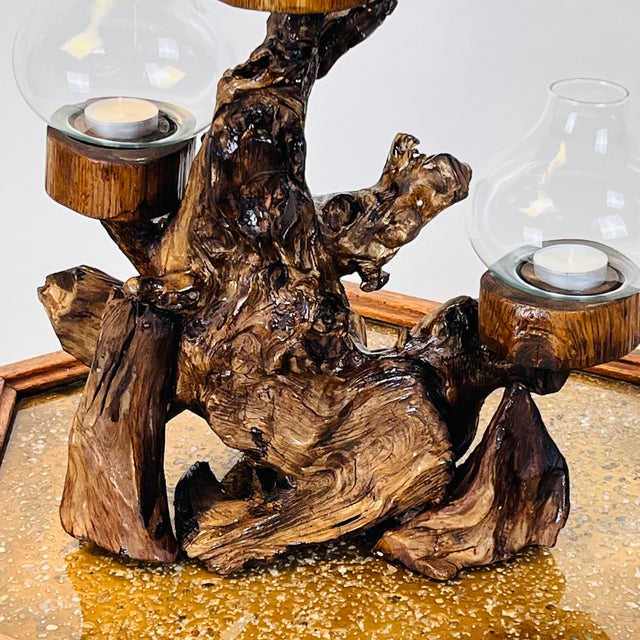 Large Varnished Driftwood and Hurricane Glass Candelabra For Sale In Los Angeles - Image 6 of 6