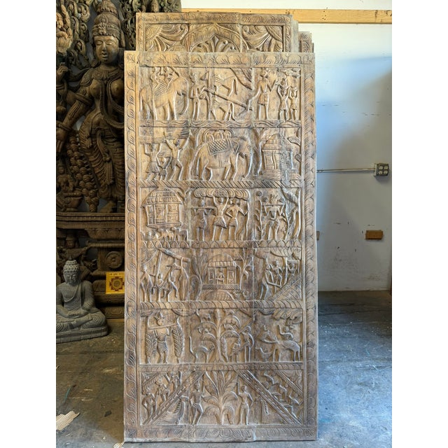Wood Antique Tribal Indian Hand-Carved Wood Door Panel – Rustic Architectural Wall Art For Sale - Image 7 of 7