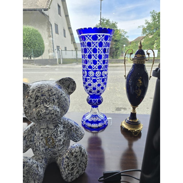 Large Cobalt Blue Cut Crystal Vase from Les Grands Ducs, 1980s For Sale - Image 9 of 12