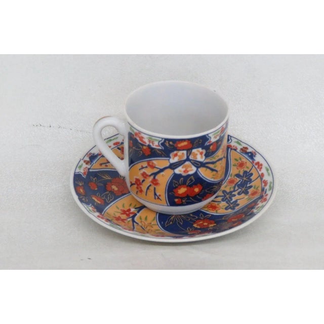Japan Asian Blue Red and Yellow Floral Coffee Espresso Cup and Saucer Set For Sale - Image 9 of 9