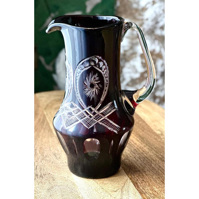 Vintage Ruby Red Cut to Clear Glass Pitcher and Glasses, Set of 7 For Sale - Image 5 of 10