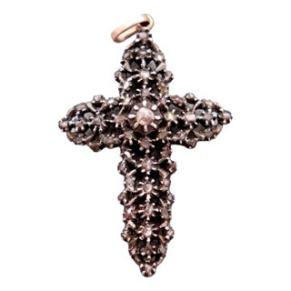 Gold Cross Pendant with Paw Print and Diamonds For Sale