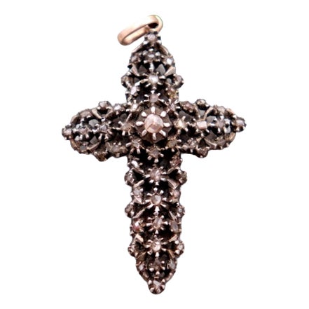 Gold Cross Pendant with Paw Print and Diamonds For Sale