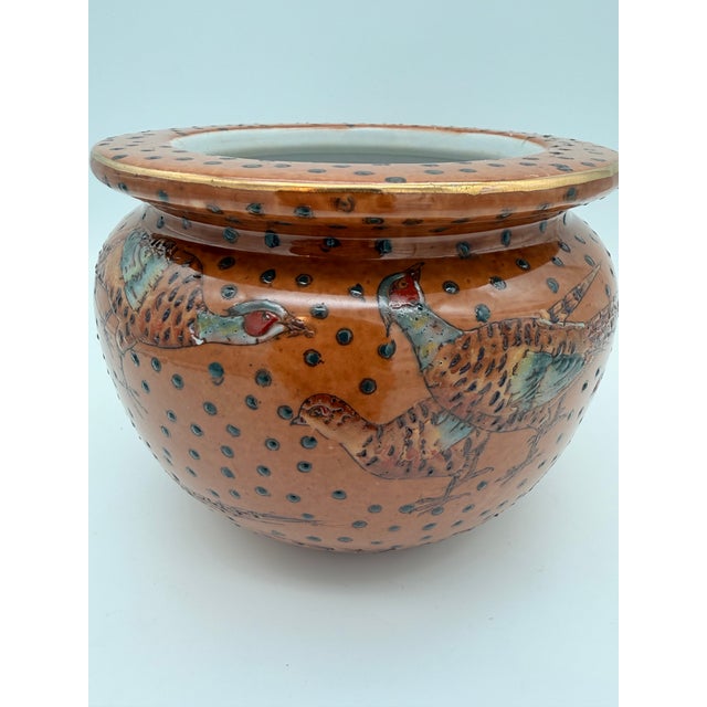 Vintage Chinese Orange Glazed Pheasant Chinoiserie Cachepot For Sale - Image 4 of 7