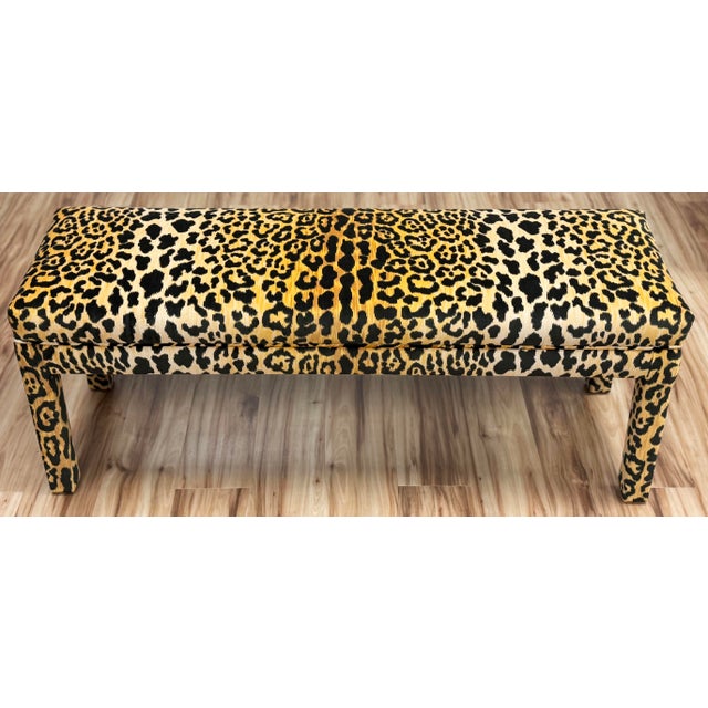 Vintage 1980's Tufted Parsons Bench W/ Velvet Leopard Print Upholstery For Sale - Image 4 of 8
