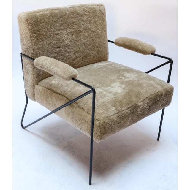 Beige Custom Black Metal Armchair in Tan Sheepskin For Sale - Image 8 of 8