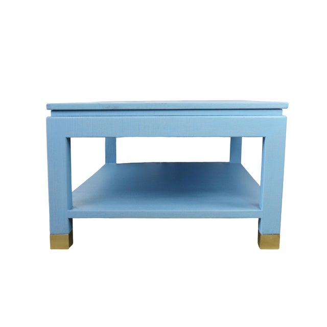 Blue Karl Springer Style Modern Light Blue Linen-Raffia Coffee Table. With Four Brass Sabot For Sale - Image 8 of 10