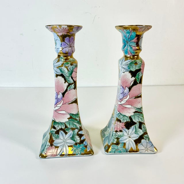 1980s 1980s Vintage Chinoiserie Boho Chic Hollywood Regency Peony Candleholders - A Pair. For Sale - Image 5 of 10