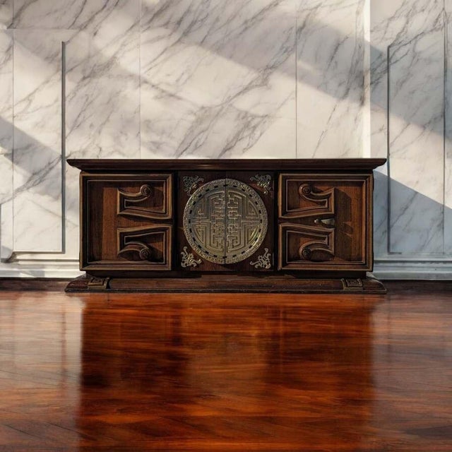 Wood 1970s Wood and Brass Lowboy Credenza With Geometric Paneled Front For Sale - Image 7 of 7