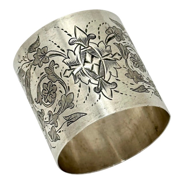 Oversize Beautifully Hand Engraved Antique American Victorian Sterling Silver Napkin Ring - Circa 1870s For Sale