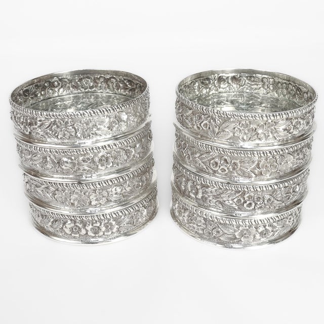 Early 20th Century Antique Set of 8 S. Kirk & Son Repousse Sterling Silver & Cut Glass Coasters For Sale - Image 5 of 18