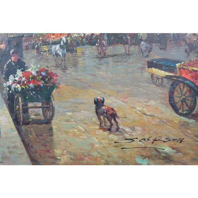 This vibrant original oil painting on canvas titled "The Market" depicts a bustling European market scene with cobblestone...