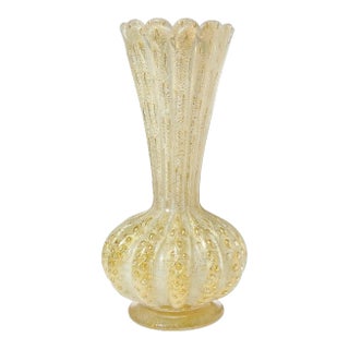 Barovier Toso Murano Vintage White Opalescent Bubbles Gold Flecks Italian Art Glass Flower Vase For Sale