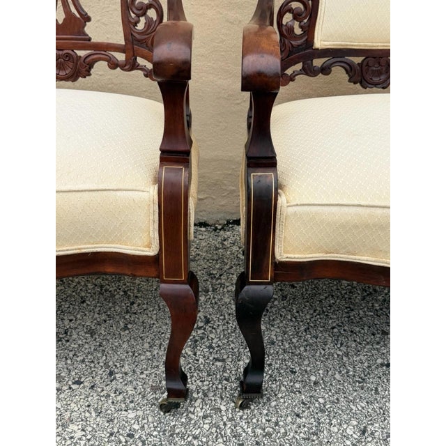 Antique Victorian Carved Mahogany Inlaid Parlor Set Sofa and 4 Chairs - 5 PCS For Sale - Image 13 of 18