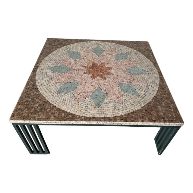 1980’s Vintage Floral Medallion Design Mosaic Top Coffee Table With Green Painted Iron Base For Sale