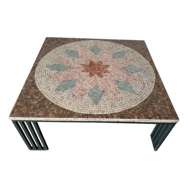 1980’s Vintage Floral Medallion Design Mosaic Top Coffee Table With Green Painted Iron Base/Sold For Sale