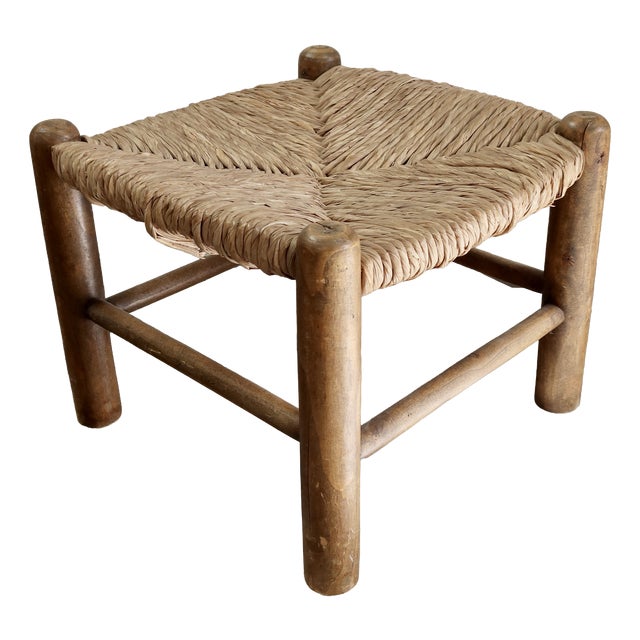 Vintage Low Stool in Wood and Straw, 1970s For Sale