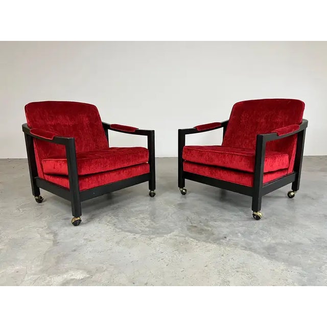 Directional Milo Baughman Style Directional Deep Red Velvet & Ebony Mahogany Club Chairs For Sale - Image 4 of 11