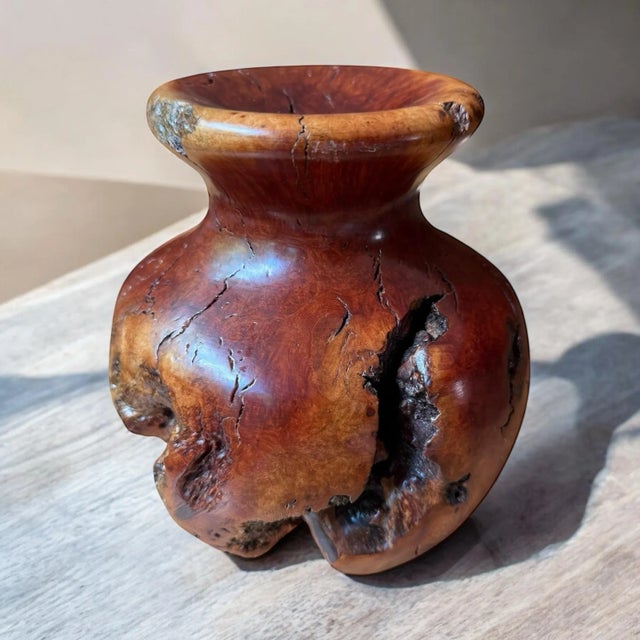 Vintage Brutalist Burlwood Hand Turned Sculpture Art Vase Decor For Sale - Image 9 of 12
